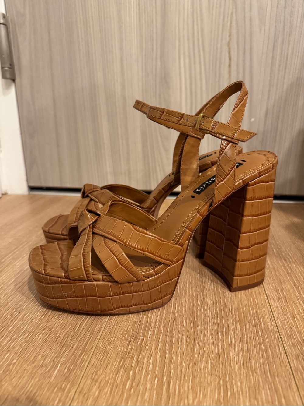 Alice + Olivia Tan Croc-Embossed Platform Block Heels - Picture 8 of 8